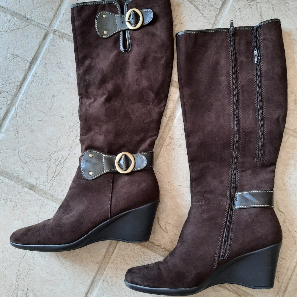 AEROSOLES Dark Brown Suede Knee Boots with Buckle Accents